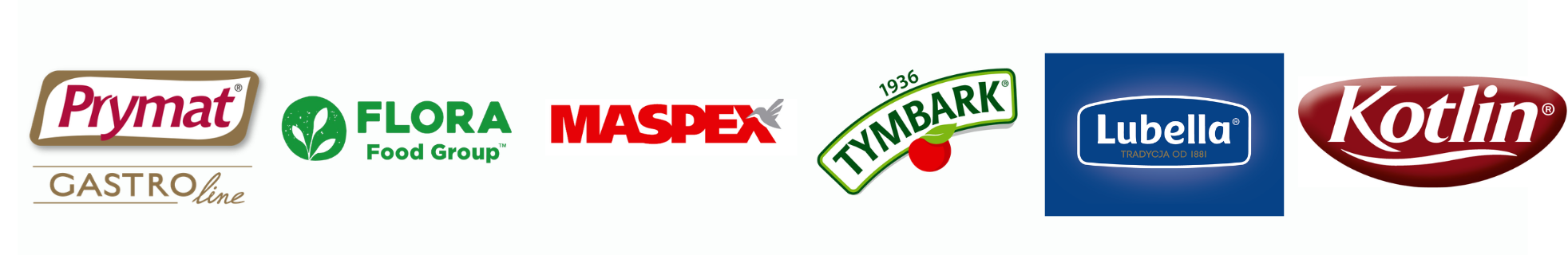 Logotypy producentów – Prymat Gastroline, Flora Food Group, Maspex, Tymbark, Lubella, Kotlin