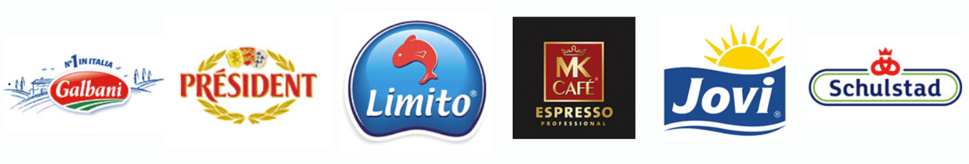 Logotypy producentów – Galbani, Président, Limito, MK Cafe Espresso, Jovi, Schulstad